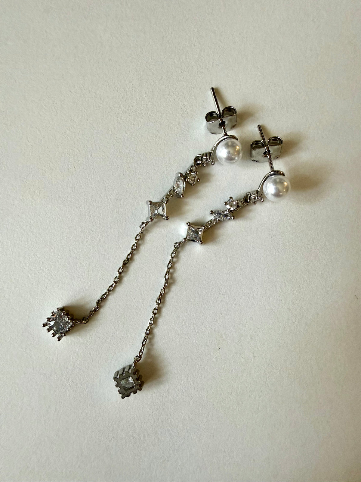 Pearl & Sparkle Long Drop Earrings – Silver