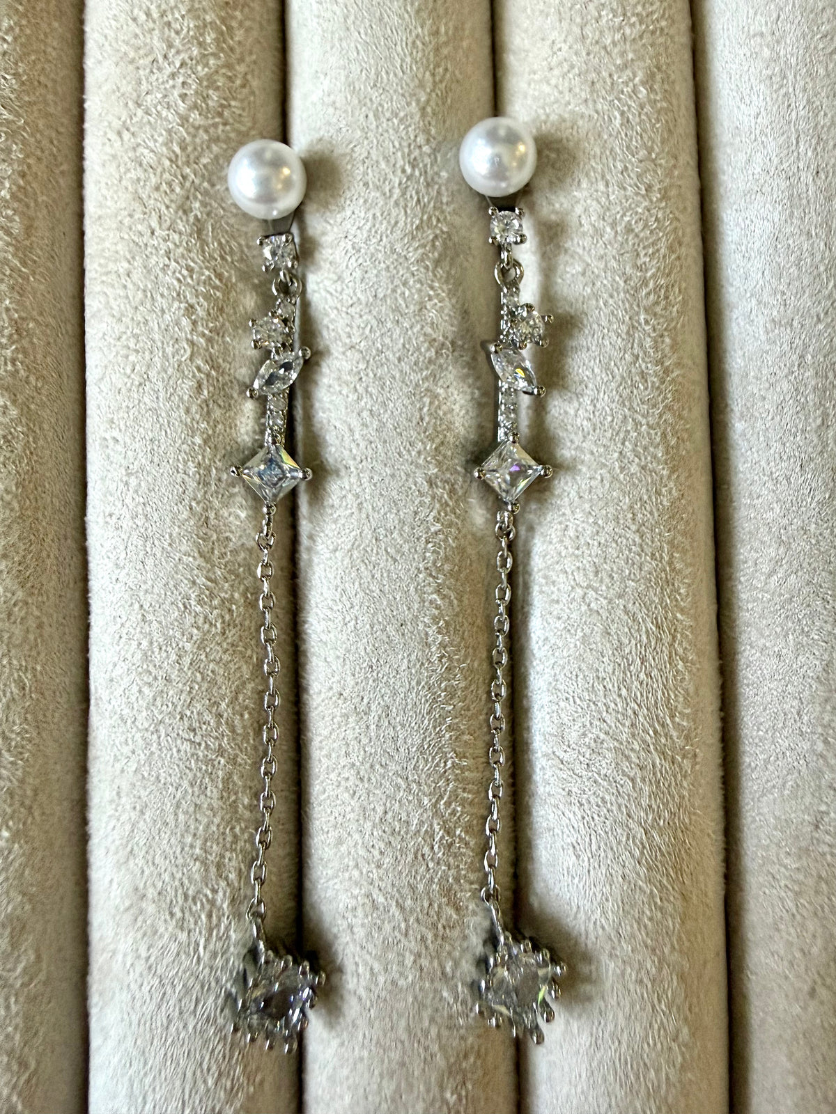 Pearl & Sparkle Long Drop Earrings – Silver