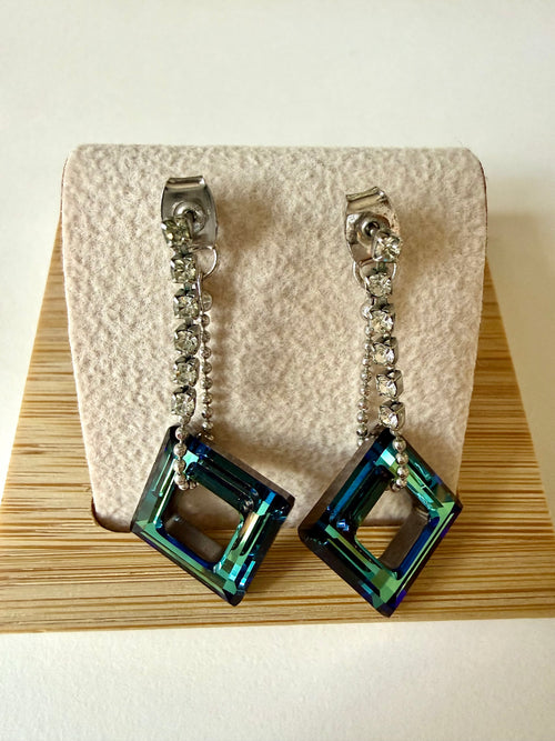 Blue Green Square Drop Earrings – Silver