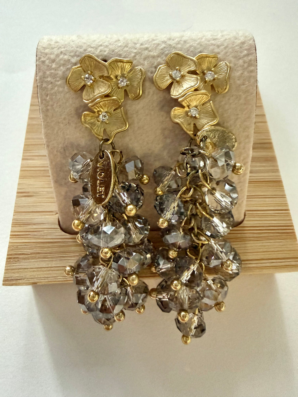 Gold Floral Crystal Drop Earrings - Gold