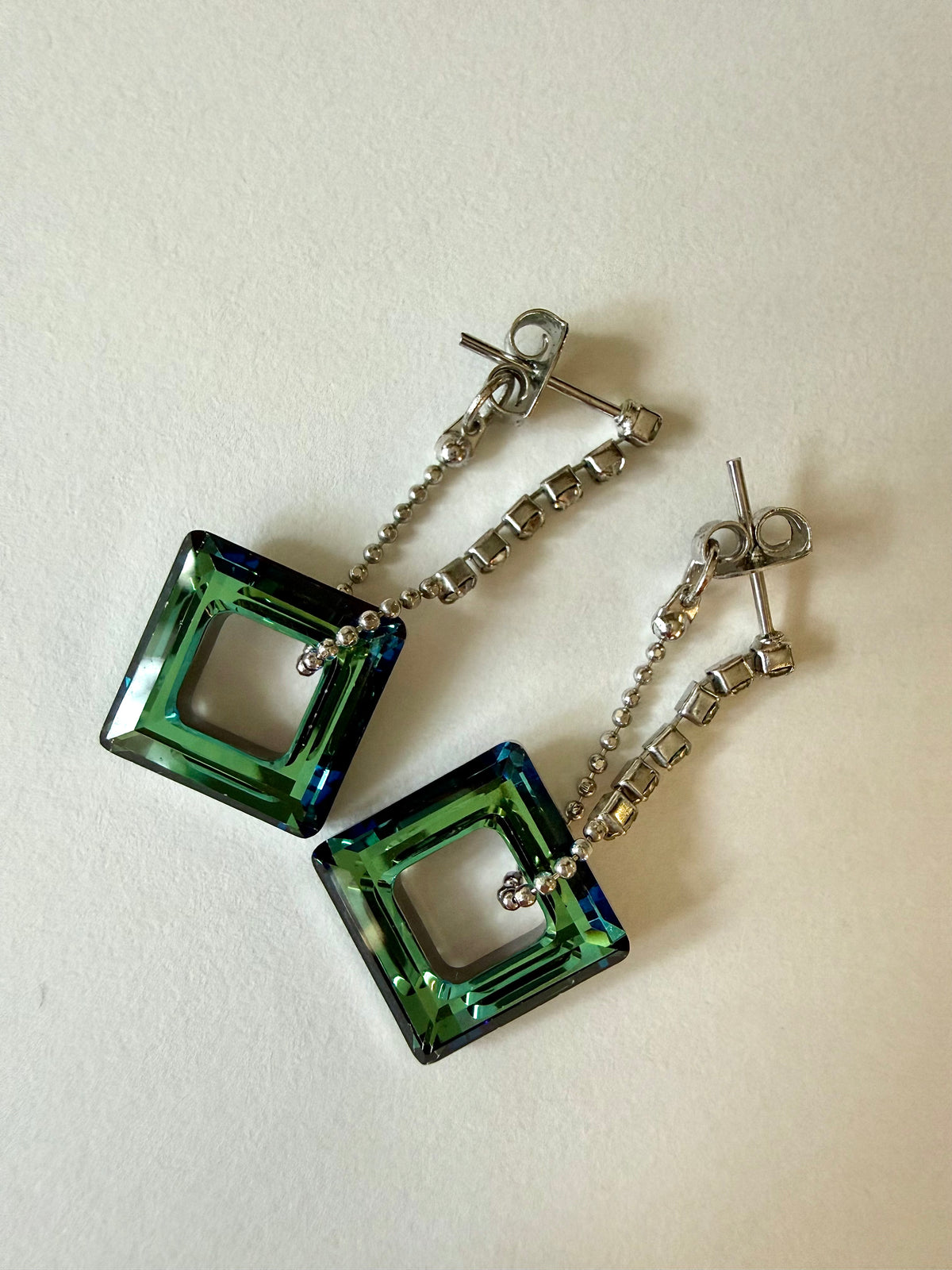 Blue Green Square Drop Earrings – Silver